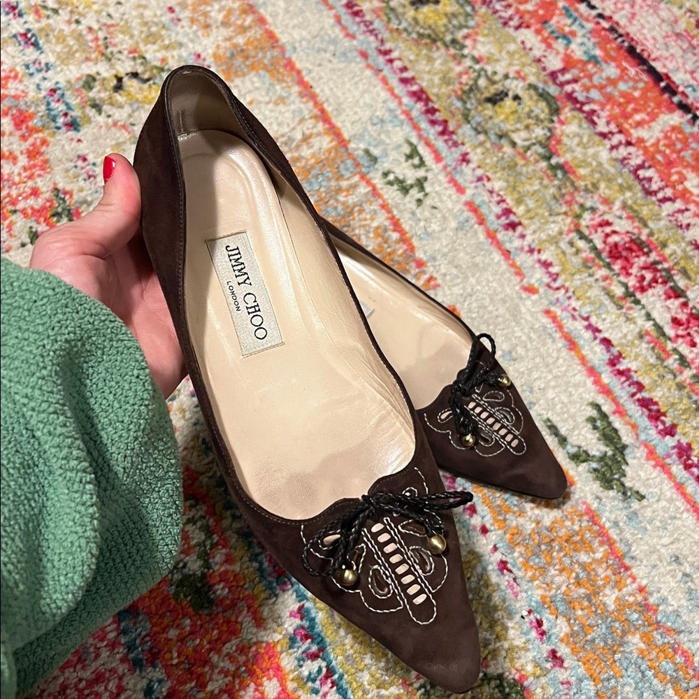 Jimmy Choo brown suede flats with butterfly detail, size 37, US 6.5-7, GUC